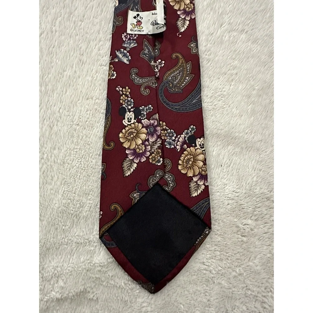 Vintage Walt Disney Men's Tie Mickey & Minnie Mouse Paisley & Floral Dark Red